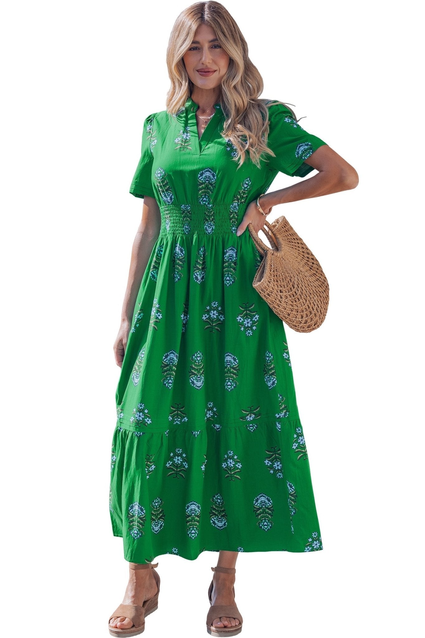 Floral Split Neck Shirred High Waist Maxi Dress - Rooted & Reckless Co.