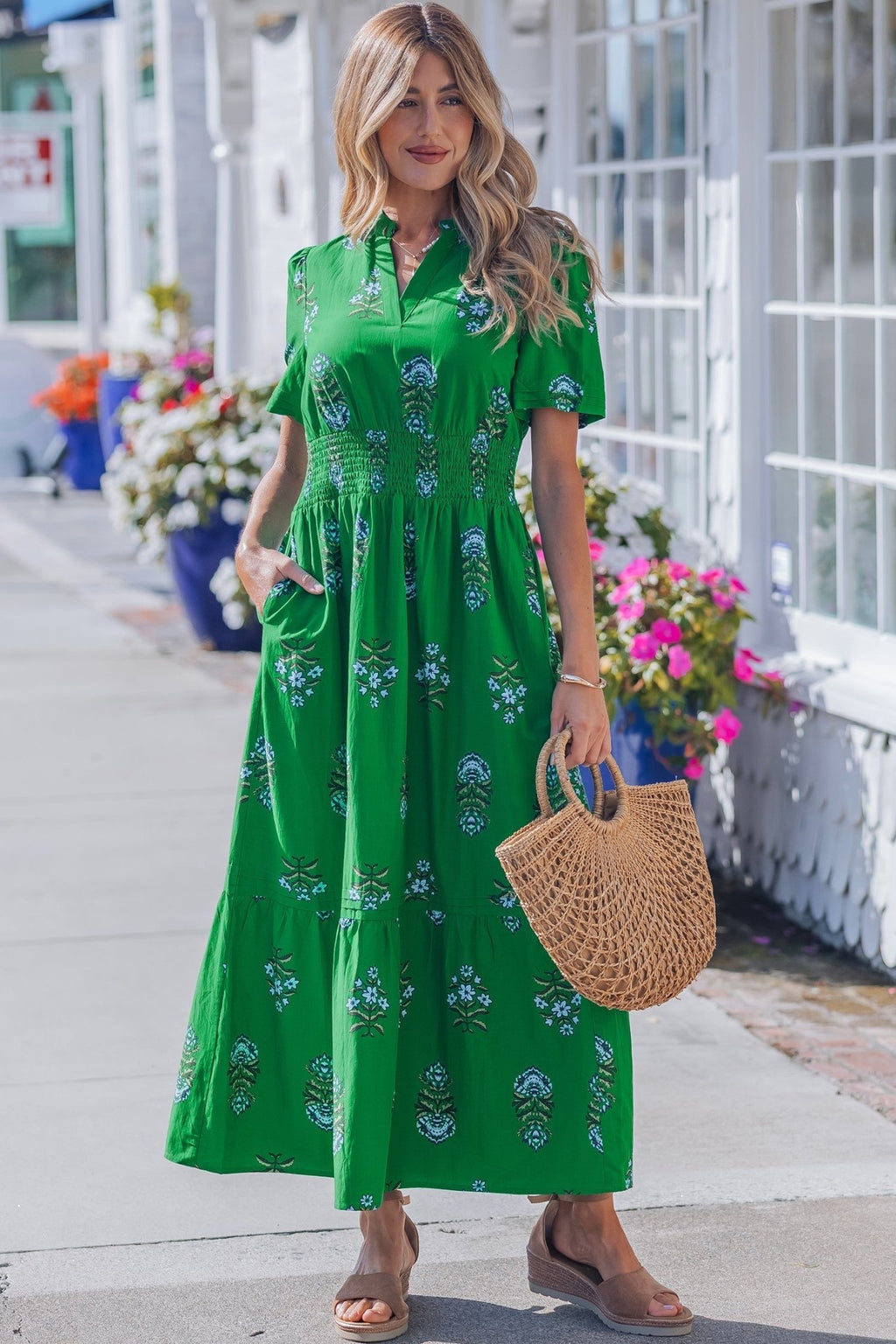 Floral Split Neck Shirred High Waist Maxi Dress - Rooted & Reckless Co.