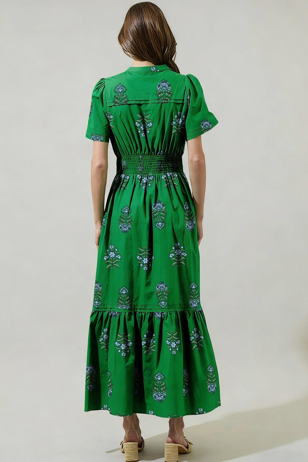Floral Split Neck Shirred High Waist Maxi Dress - Rooted & Reckless Co.