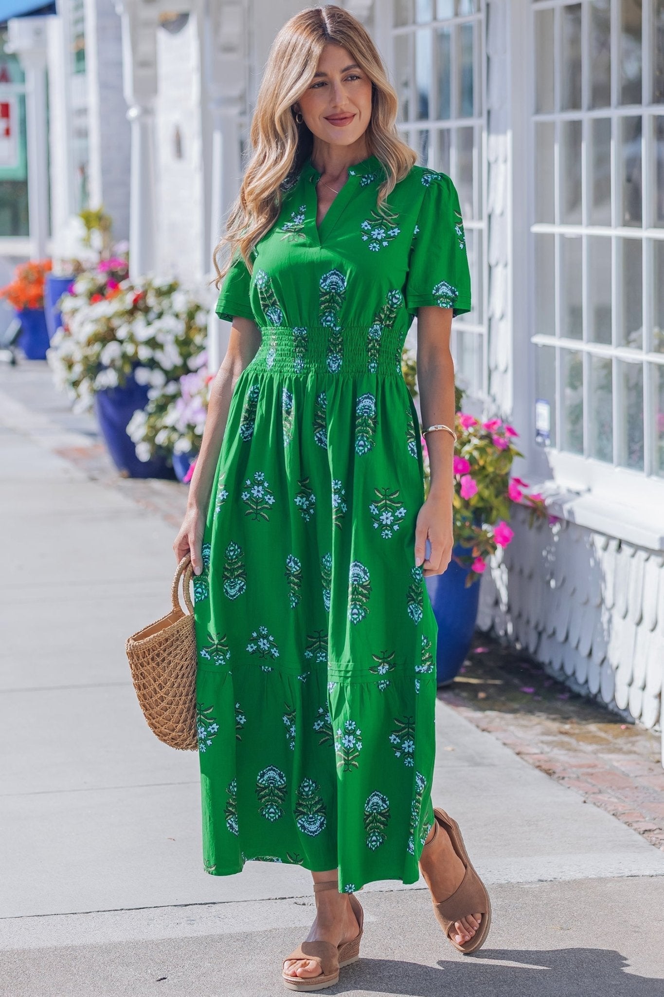Floral Split Neck Shirred High Waist Maxi Dress - Rooted & Reckless Co.