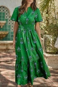 Floral Split Neck Shirred High Waist Maxi Dress - Rooted & Reckless Co.