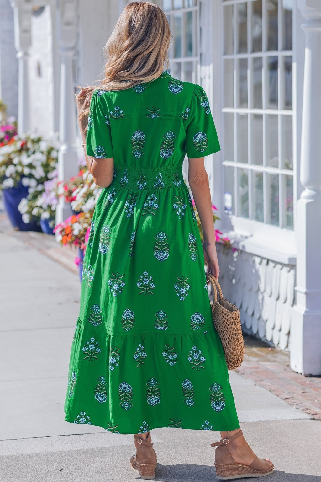 Floral Split Neck Shirred High Waist Maxi Dress - Rooted & Reckless Co.