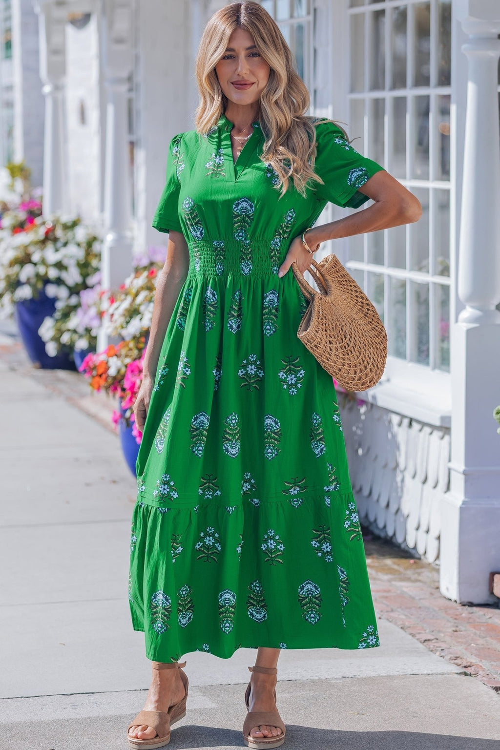 Floral Split Neck Shirred High Waist Maxi Dress - Rooted & Reckless Co.