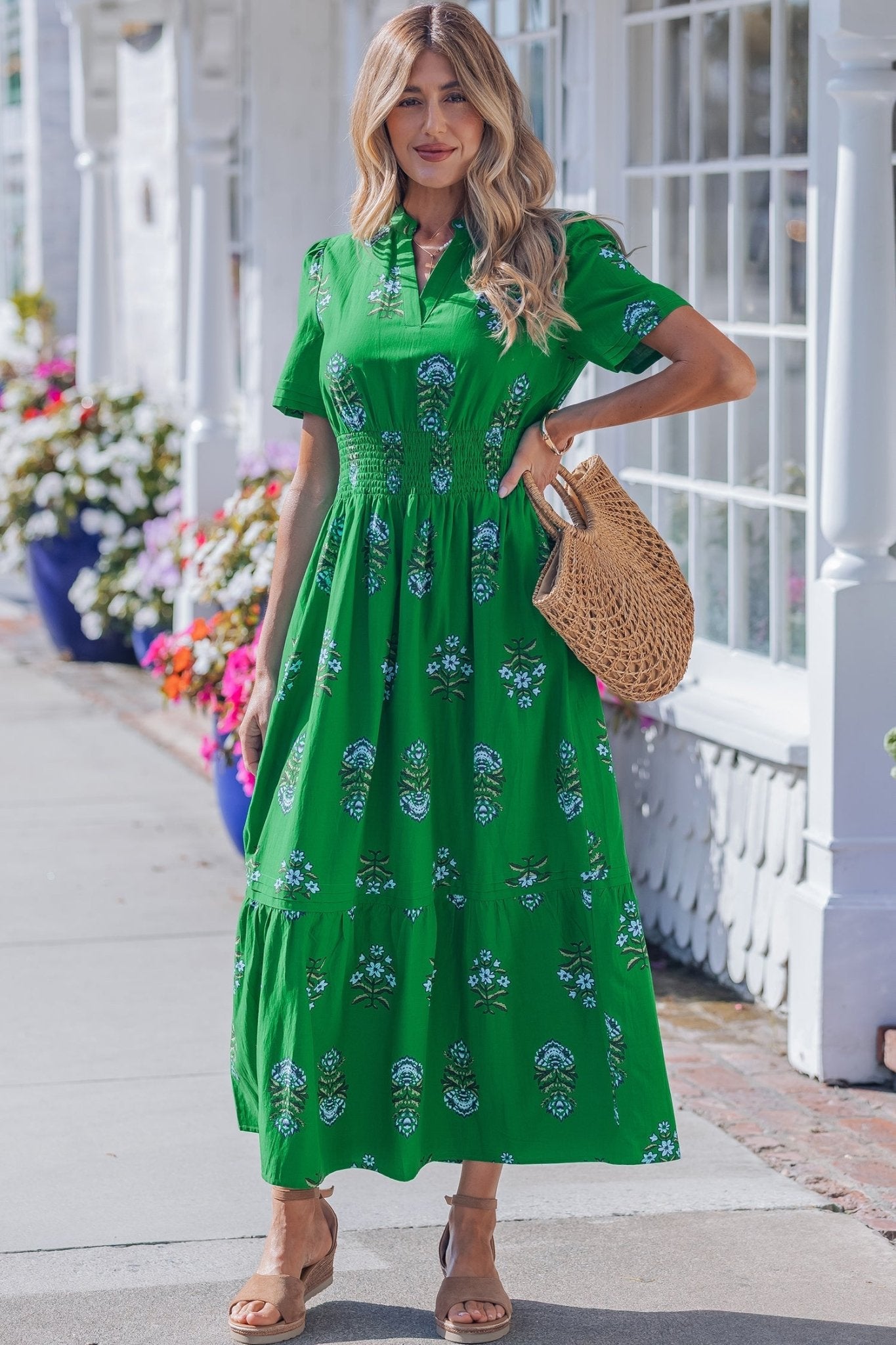 Floral Split Neck Shirred High Waist Maxi Dress - Rooted & Reckless Co.