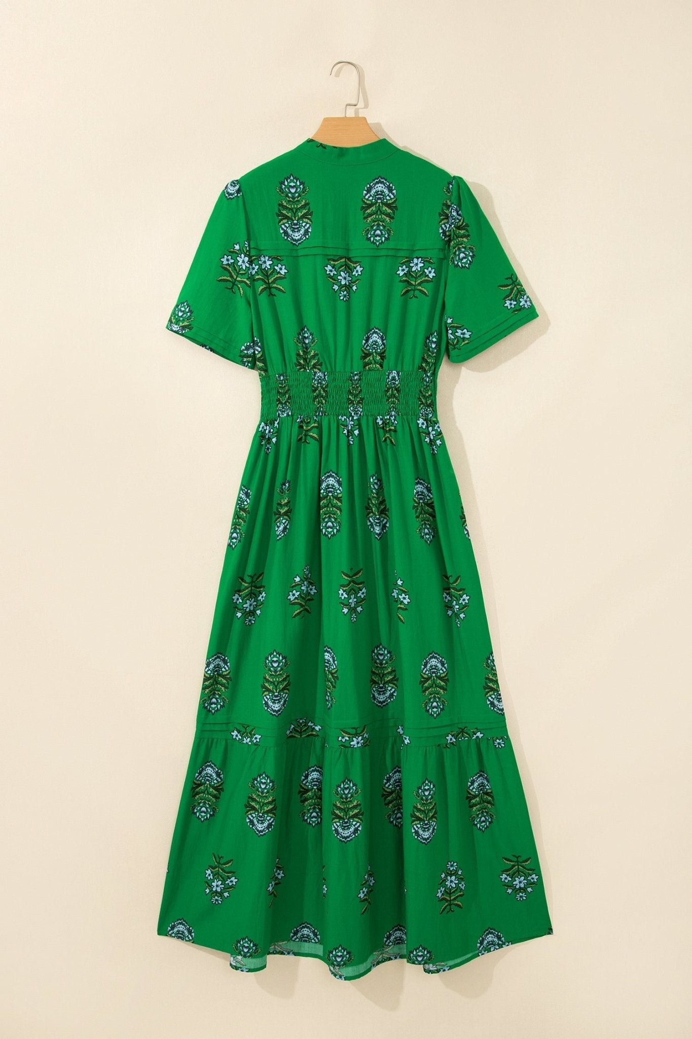 Floral Split Neck Shirred High Waist Maxi Dress - Rooted & Reckless Co.