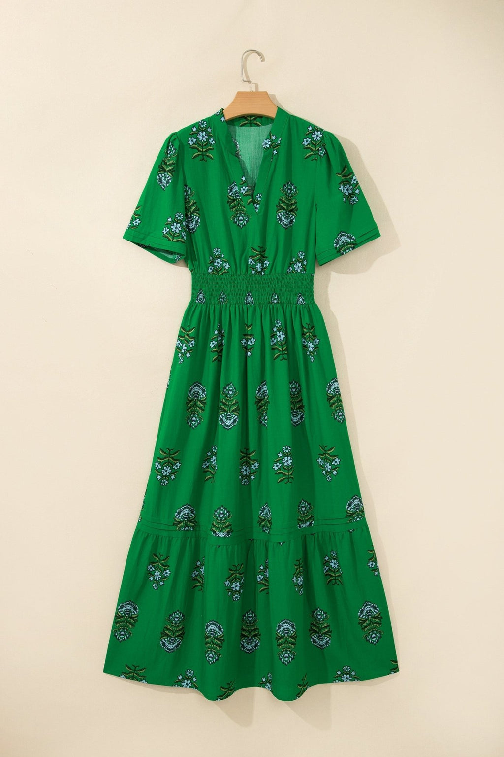 Floral Split Neck Shirred High Waist Maxi Dress - Rooted & Reckless Co.
