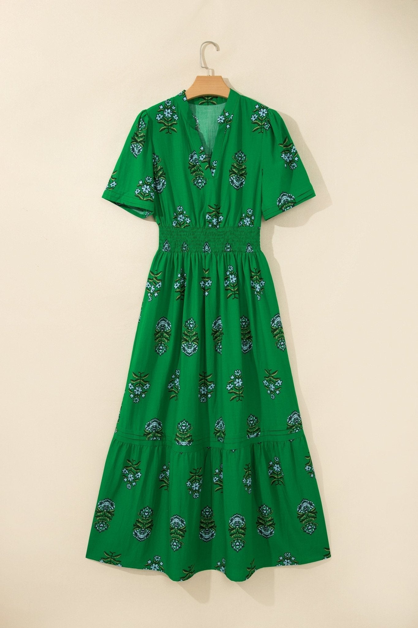 Floral Split Neck Shirred High Waist Maxi Dress - Rooted & Reckless Co.