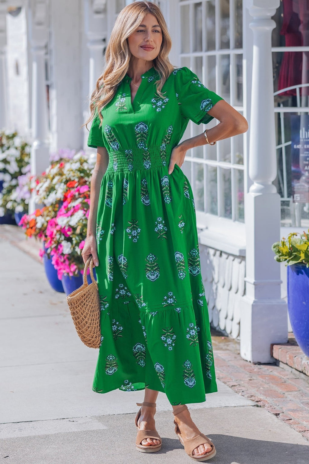 Floral Split Neck Shirred High Waist Maxi Dress - Rooted & Reckless Co.