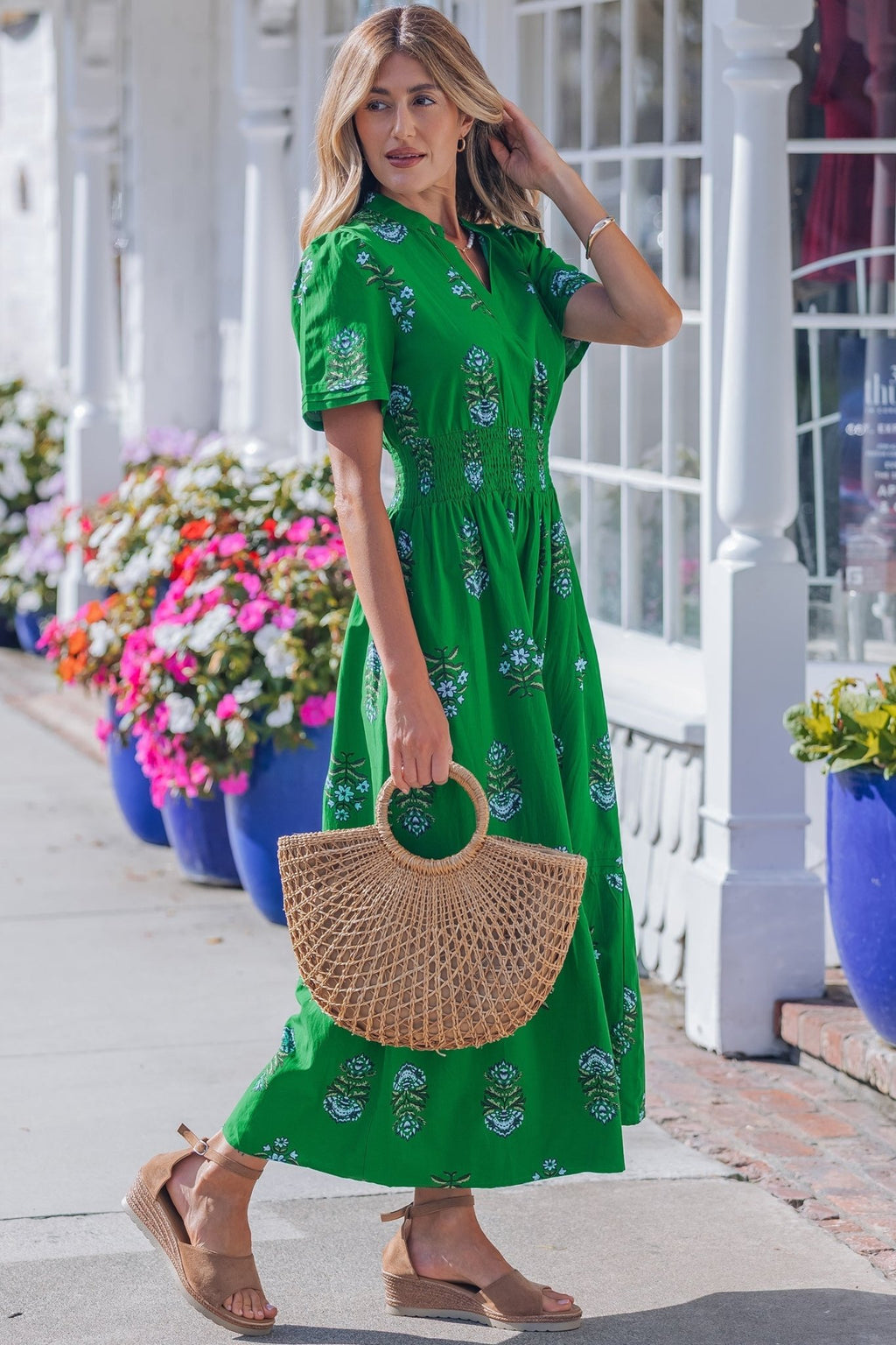 Floral Split Neck Shirred High Waist Maxi Dress - Rooted & Reckless Co.