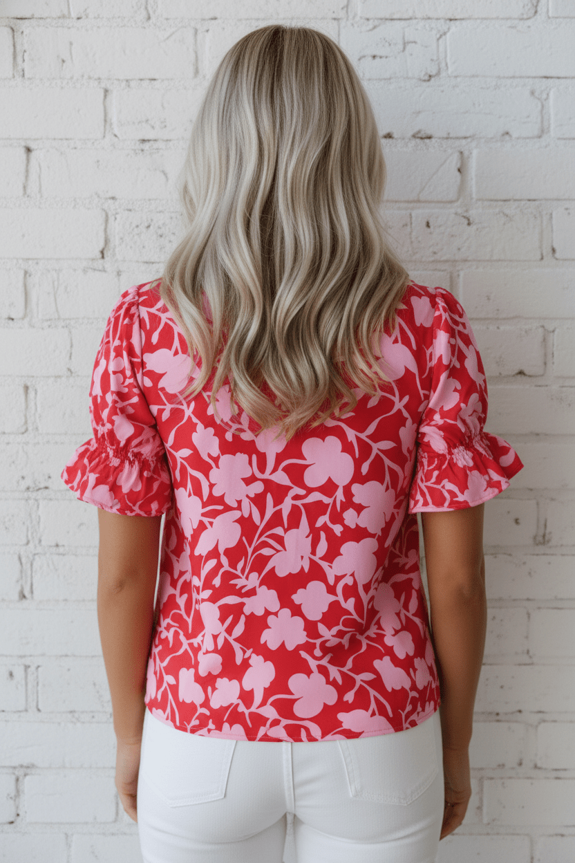 Floral Split V-Neck Ruffle Sleeve Blouse Top - Rooted & Reckless Co.
