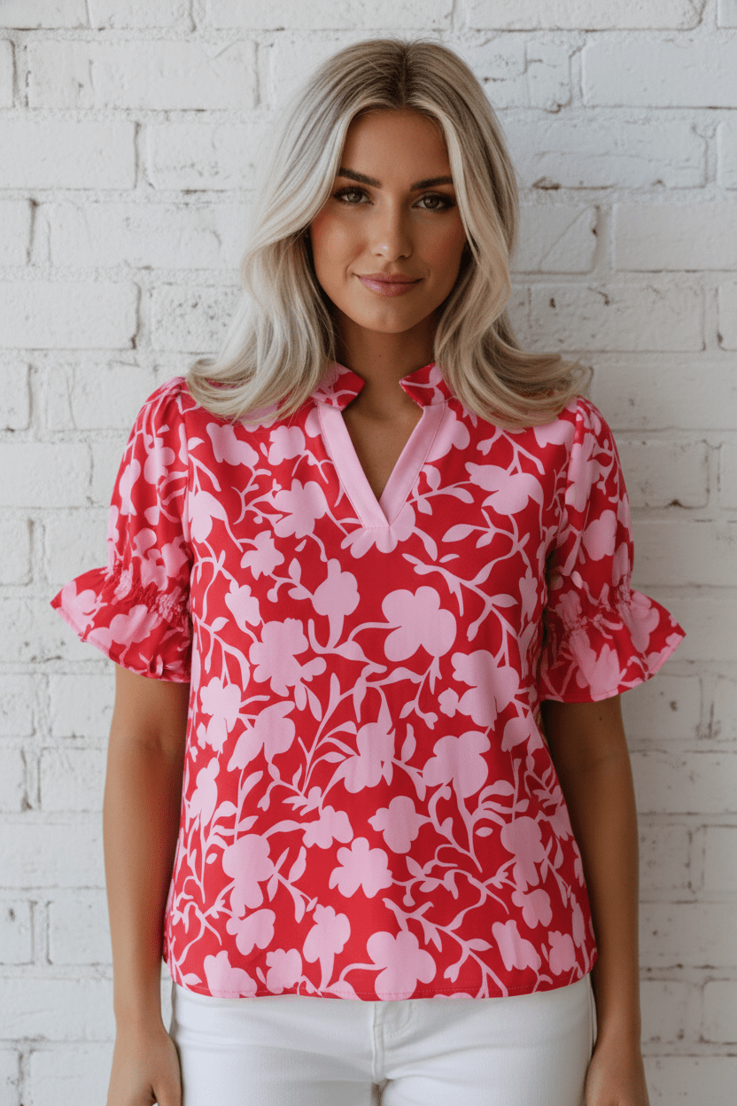 Floral Split V-Neck Ruffle Sleeve Blouse Top - Rooted & Reckless Co.
