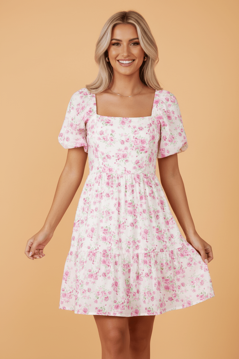 Floral Square Neck Bow Tie Back Mini Dress - Rooted & Reckless Co.