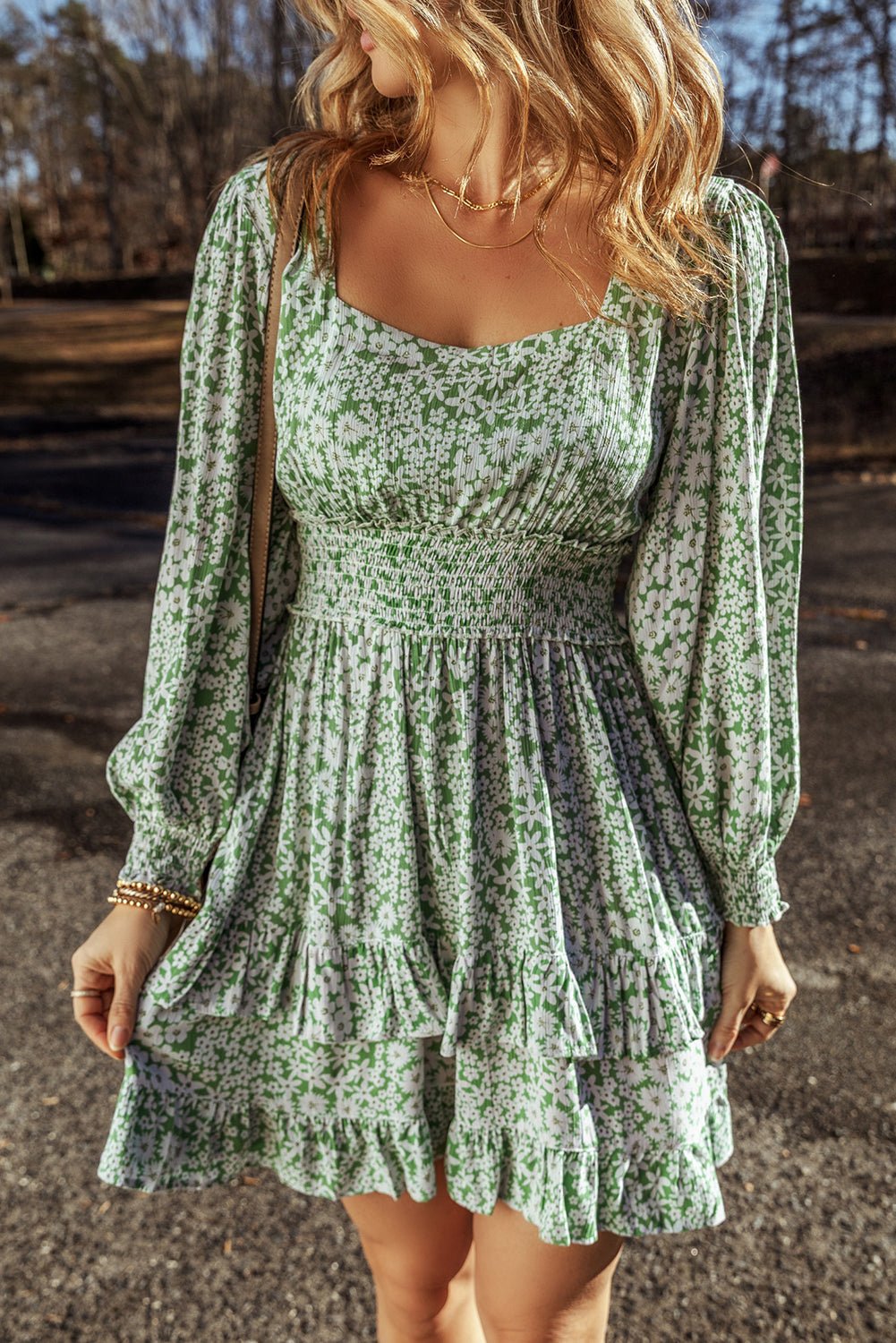 Floral Square Neck Shirred Waist Ruffle Dress - Rooted & Reckless Co.