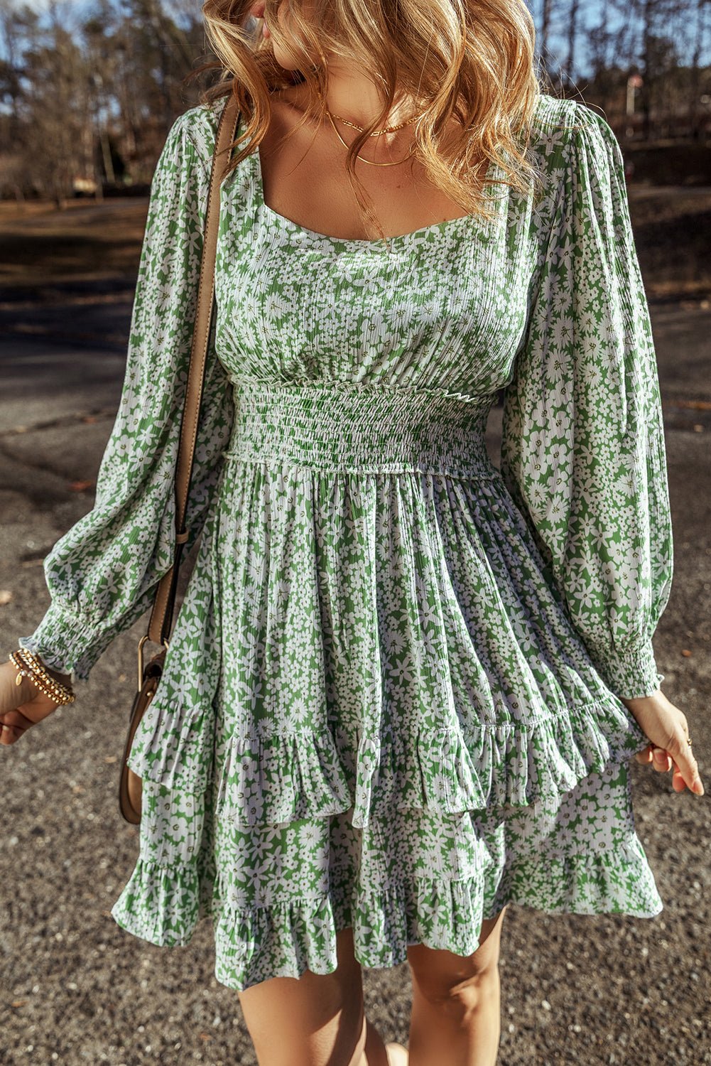 Floral Square Neck Shirred Waist Ruffle Dress - Rooted & Reckless Co.