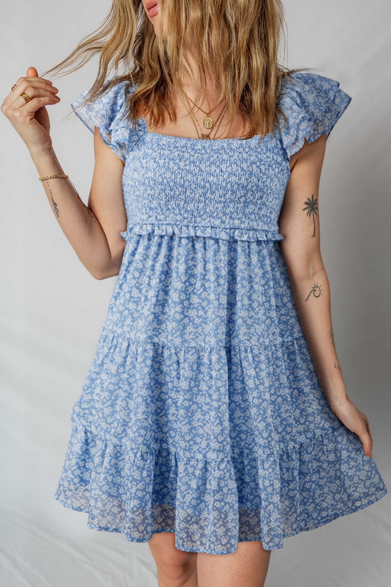 Floral Square Neck Smocked Tiered Mini Dress - Rooted & Reckless Co.