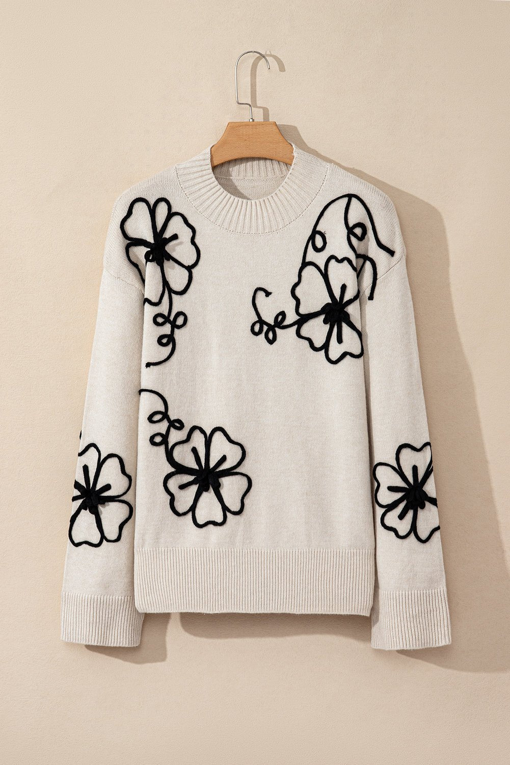 Floral Stitch Mock Neck Sweater - Rooted & Reckless Co.