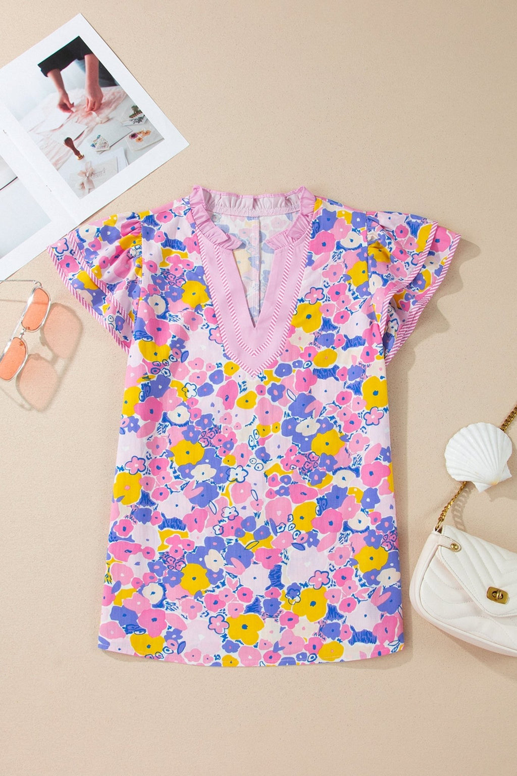 Floral Stripe Colorblock Flutter Sleeve Blouse - Rooted & Reckless Co.