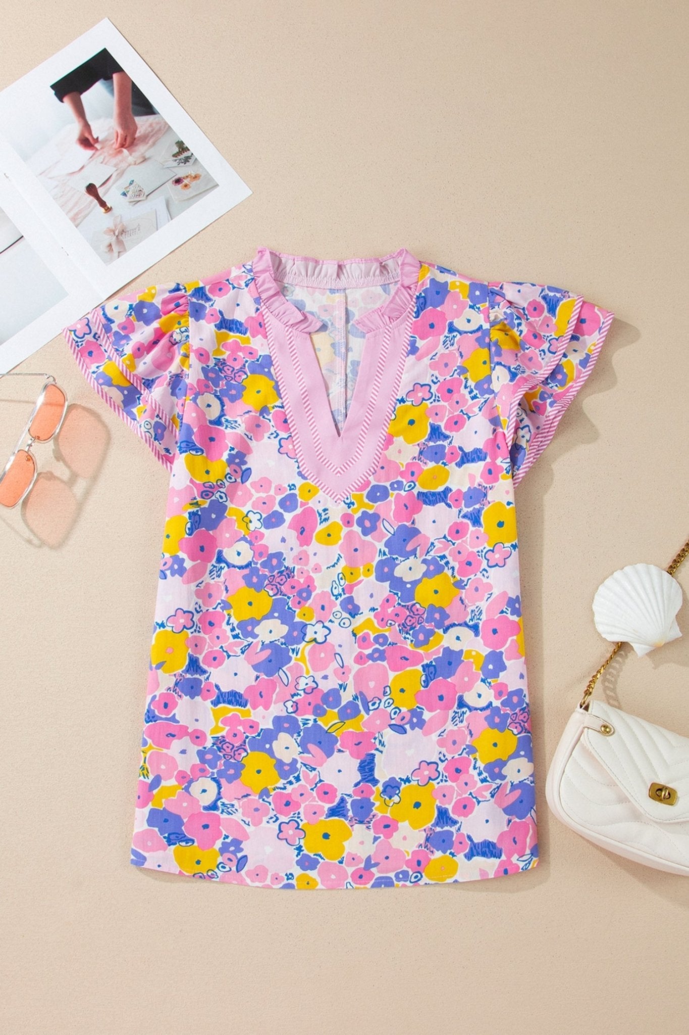 Floral Stripe Colorblock Flutter Sleeve Blouse - Rooted & Reckless Co.