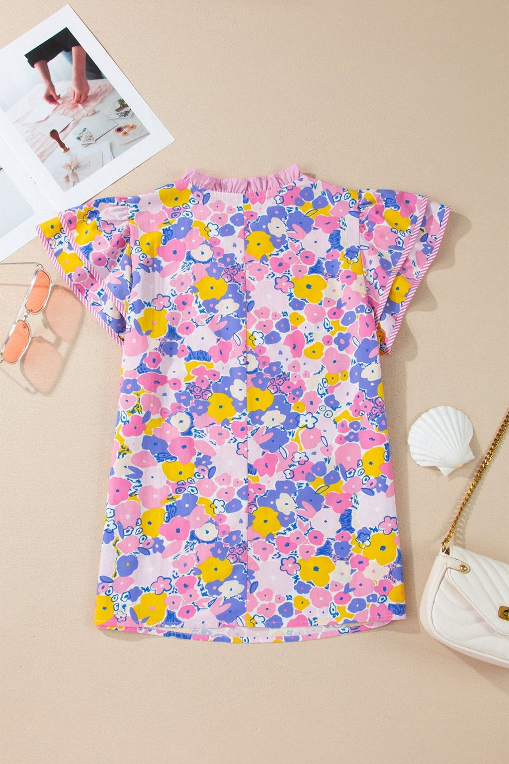 Floral Stripe Colorblock Flutter Sleeve Blouse - Rooted & Reckless Co.