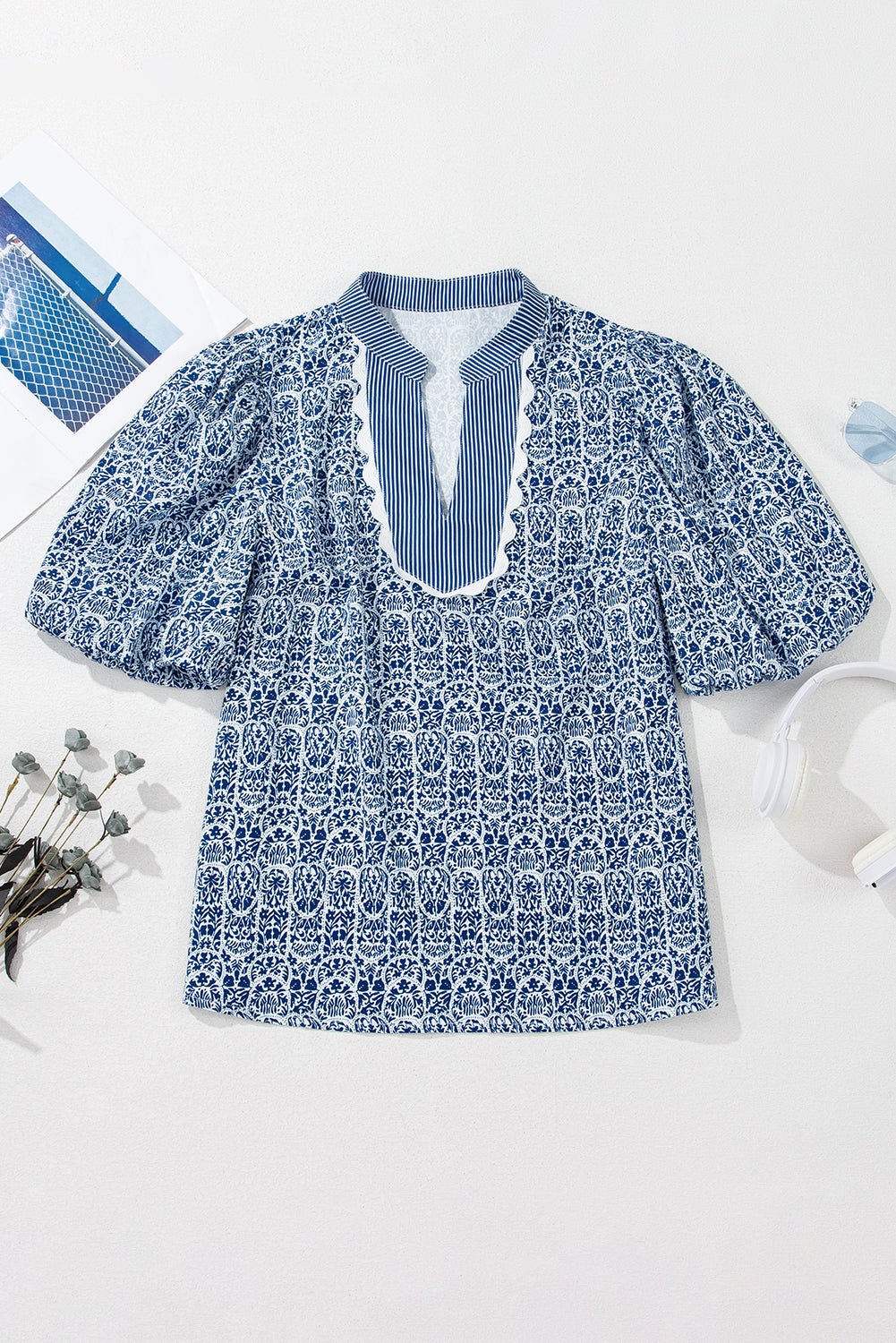 Floral Stripe Contrast Ric-Rac Puff Sleeve Top - Rooted & Reckless Co.