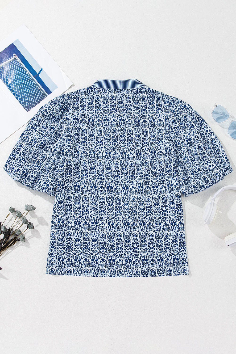 Floral Stripe Contrast Ric-Rac Puff Sleeve Top - Rooted & Reckless Co.
