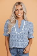 Floral Stripe Contrast Ric-Rac Puff Sleeve Top - Rooted & Reckless Co.
