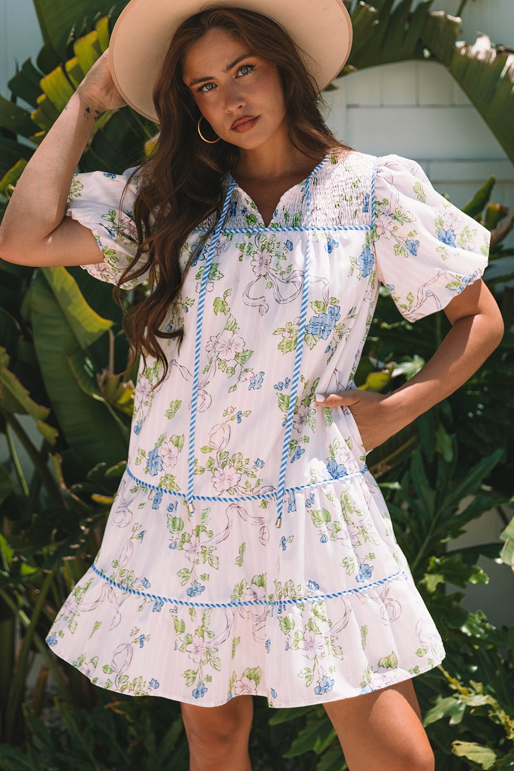 Floral Stripe Contrast Tie Split Neck Mini Dress - Rooted & Reckless Co.
