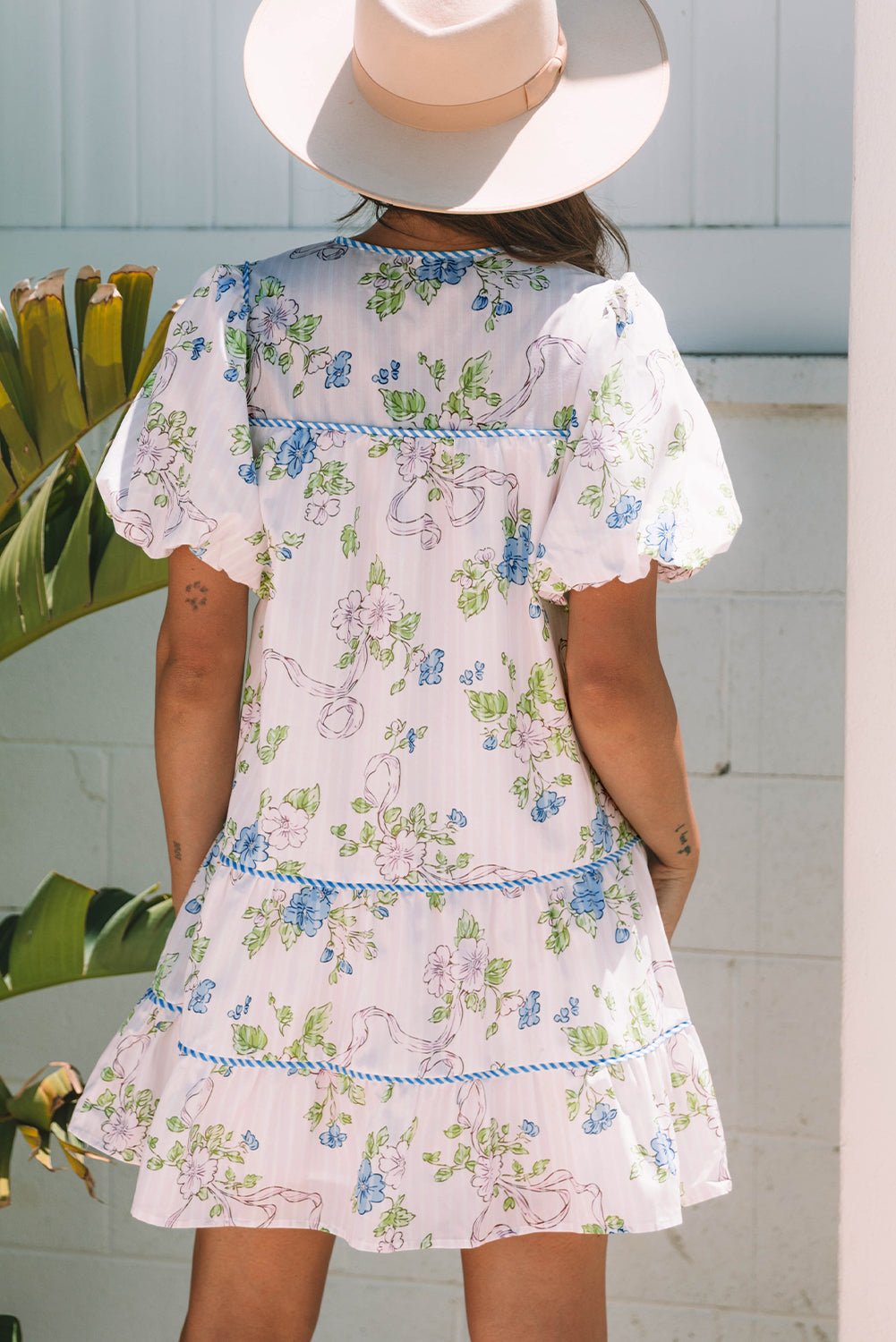 Floral Stripe Contrast Tie Split Neck Mini Dress - Rooted & Reckless Co.