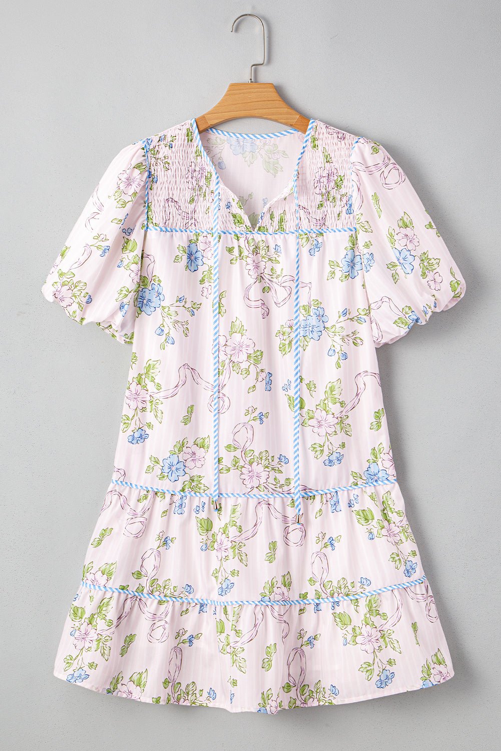 Floral Stripe Contrast Tie Split Neck Mini Dress - Rooted & Reckless Co.