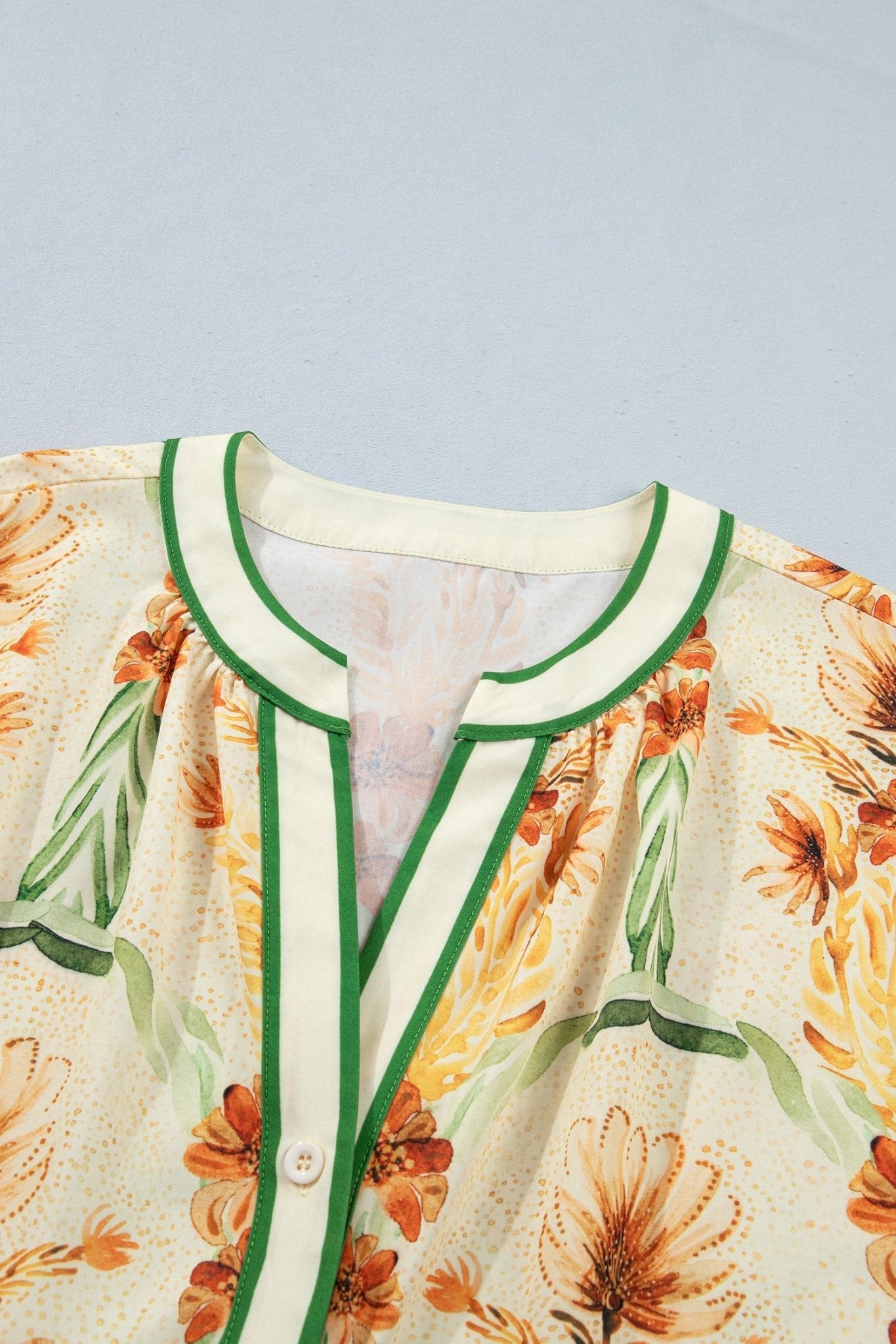 Floral Stripe Contrast V-Neck Puff Long Sleeve Blouse - Rooted & Reckless Co.