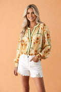 Floral Stripe Contrast V-Neck Puff Long Sleeve Blouse - Rooted & Reckless Co.
