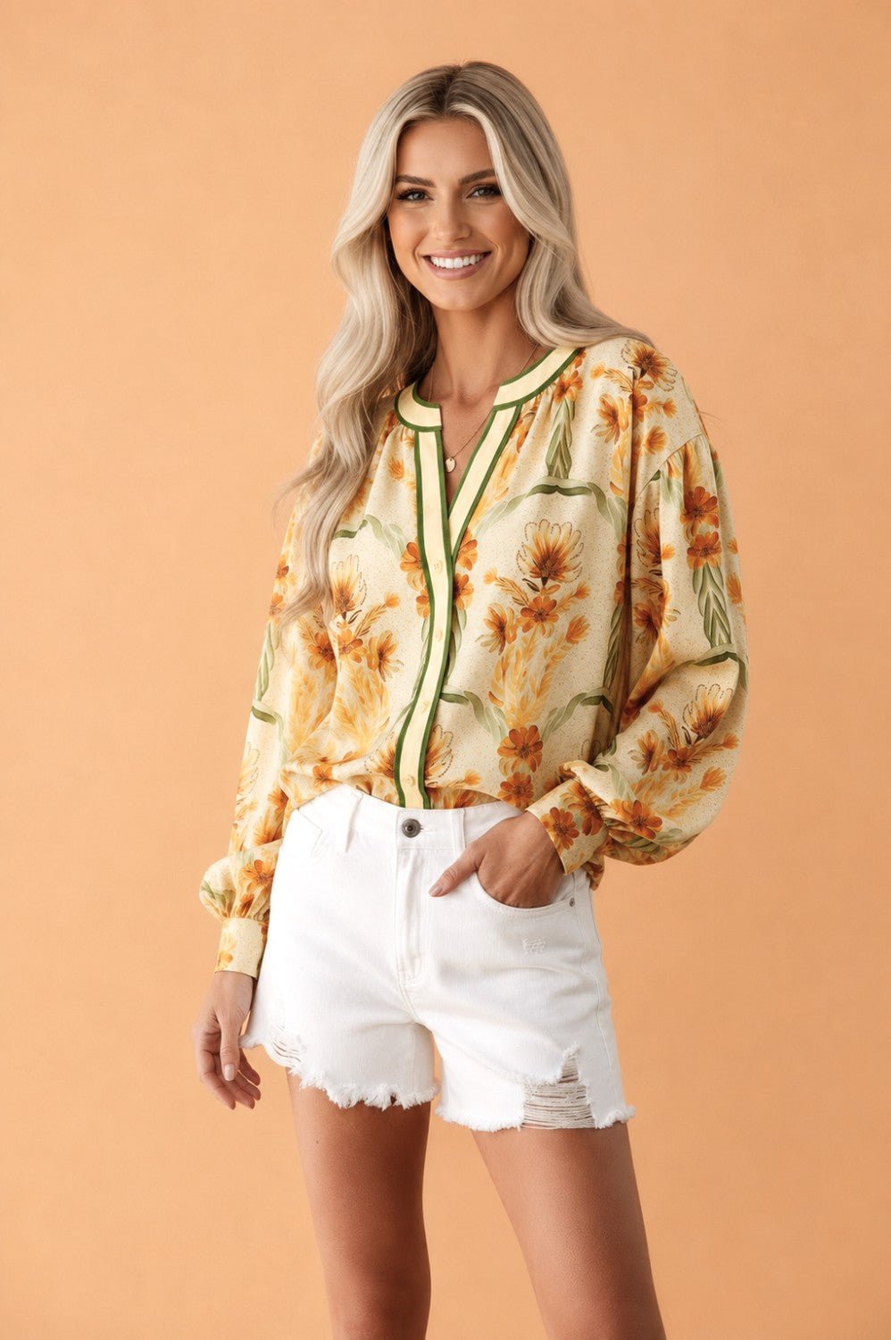 Floral Stripe Contrast V-Neck Puff Long Sleeve Blouse - Rooted & Reckless Co.