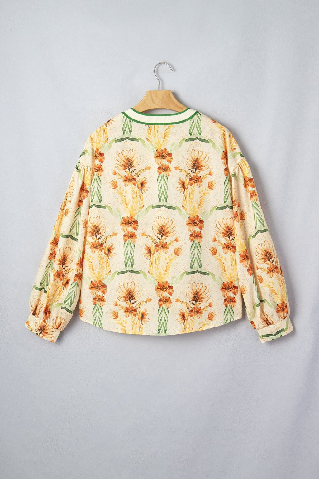 Floral Stripe Contrast V-Neck Puff Long Sleeve Blouse - Rooted & Reckless Co.