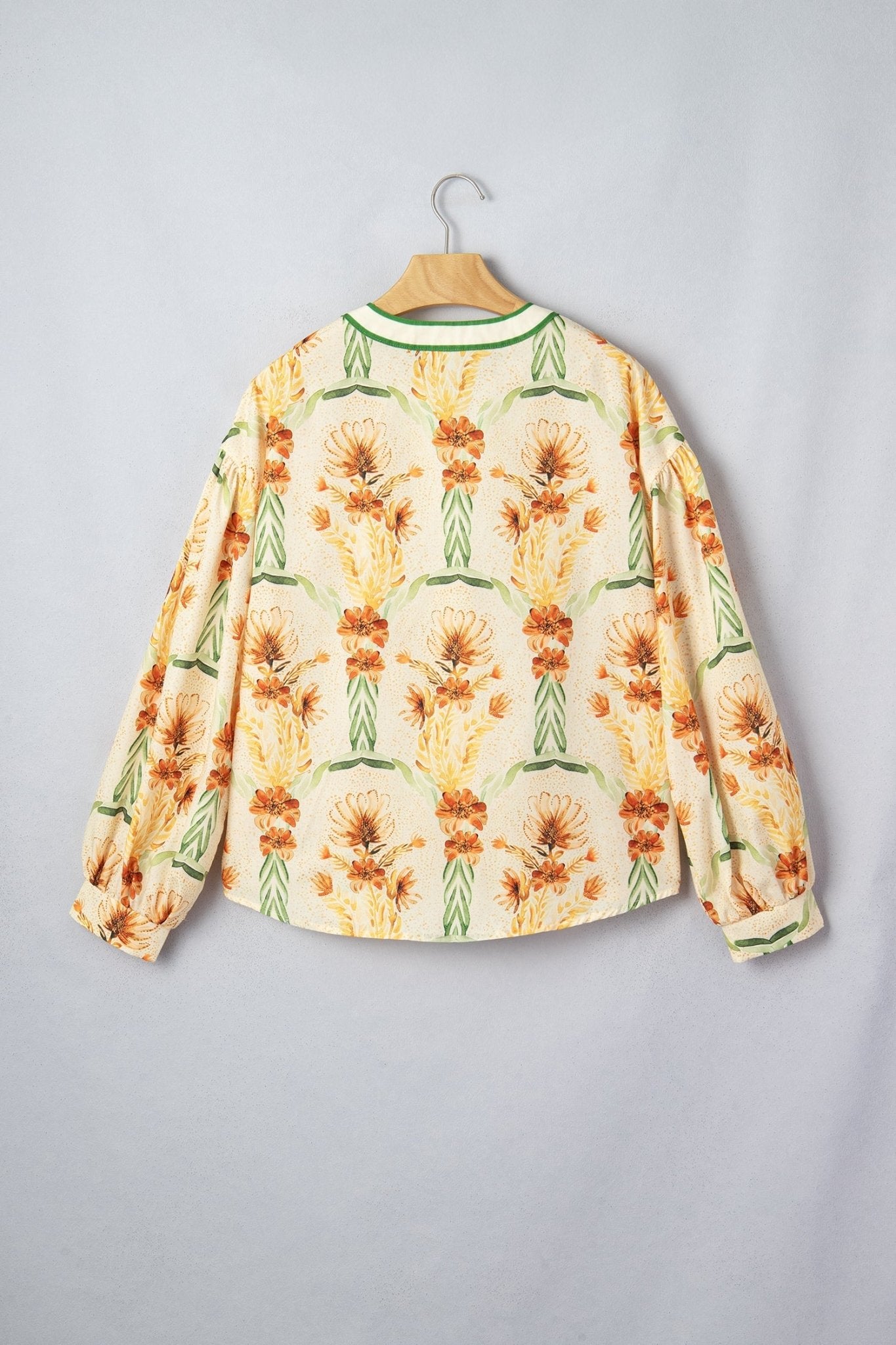 Floral Stripe Contrast V-Neck Puff Long Sleeve Blouse - Rooted & Reckless Co.