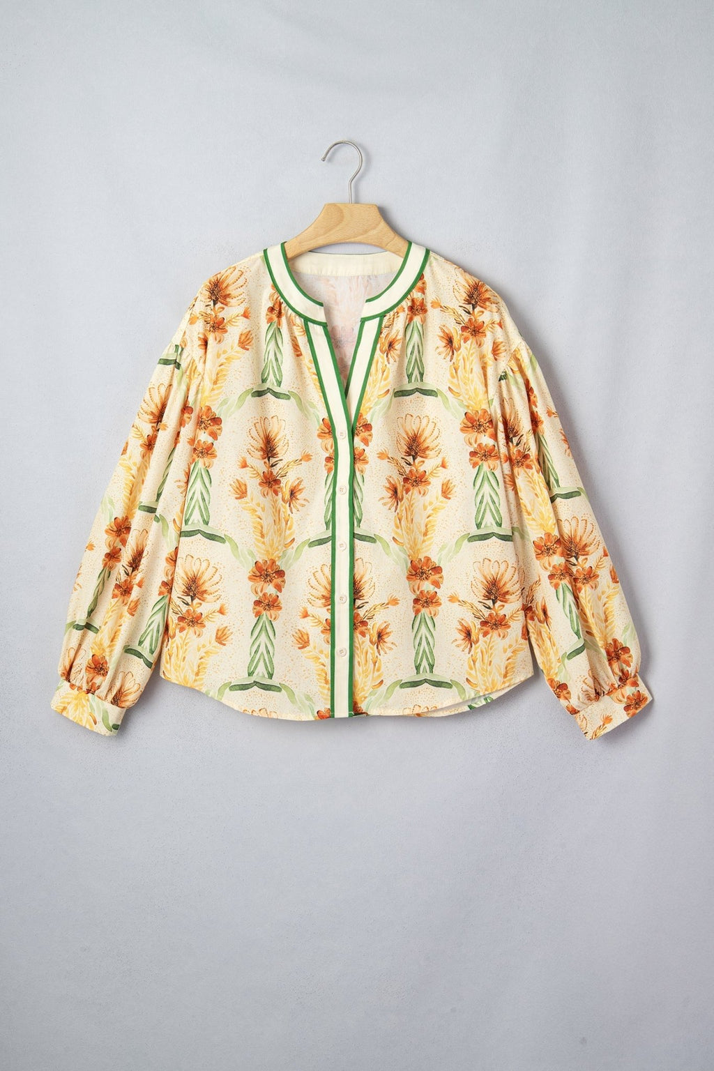 Floral Stripe Contrast V-Neck Puff Long Sleeve Blouse - Rooted & Reckless Co.