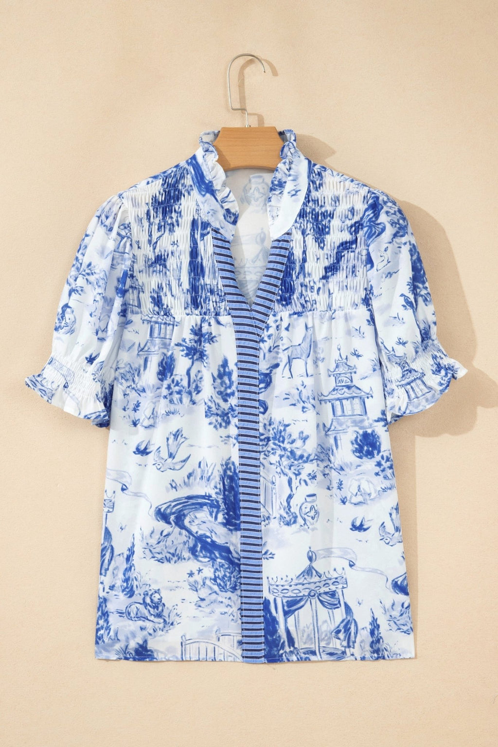 Floral Stripe Contrast V-Neck Puff Sleeve Blouse - Rooted & Reckless Co.