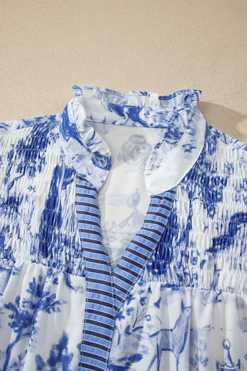 Floral Stripe Contrast V-Neck Puff Sleeve Blouse - Rooted & Reckless Co.