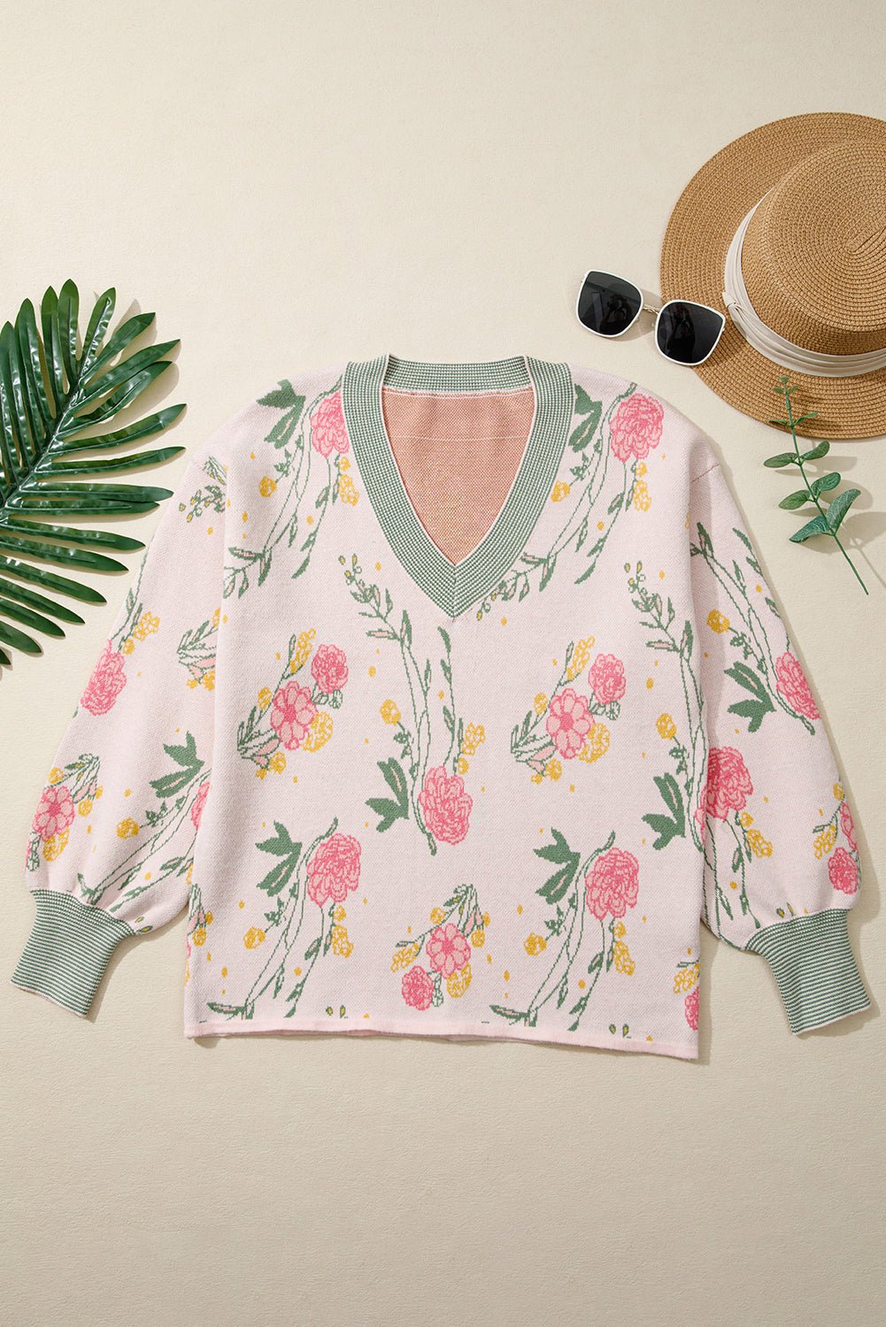 Floral Stripe Contrast V-Neck Sweater - Rooted & Reckless Co.