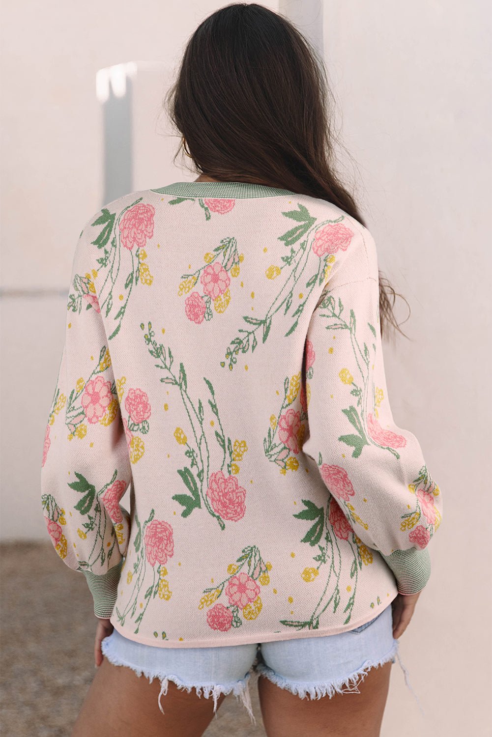 Floral Stripe Contrast V-Neck Sweater - Rooted & Reckless Co.