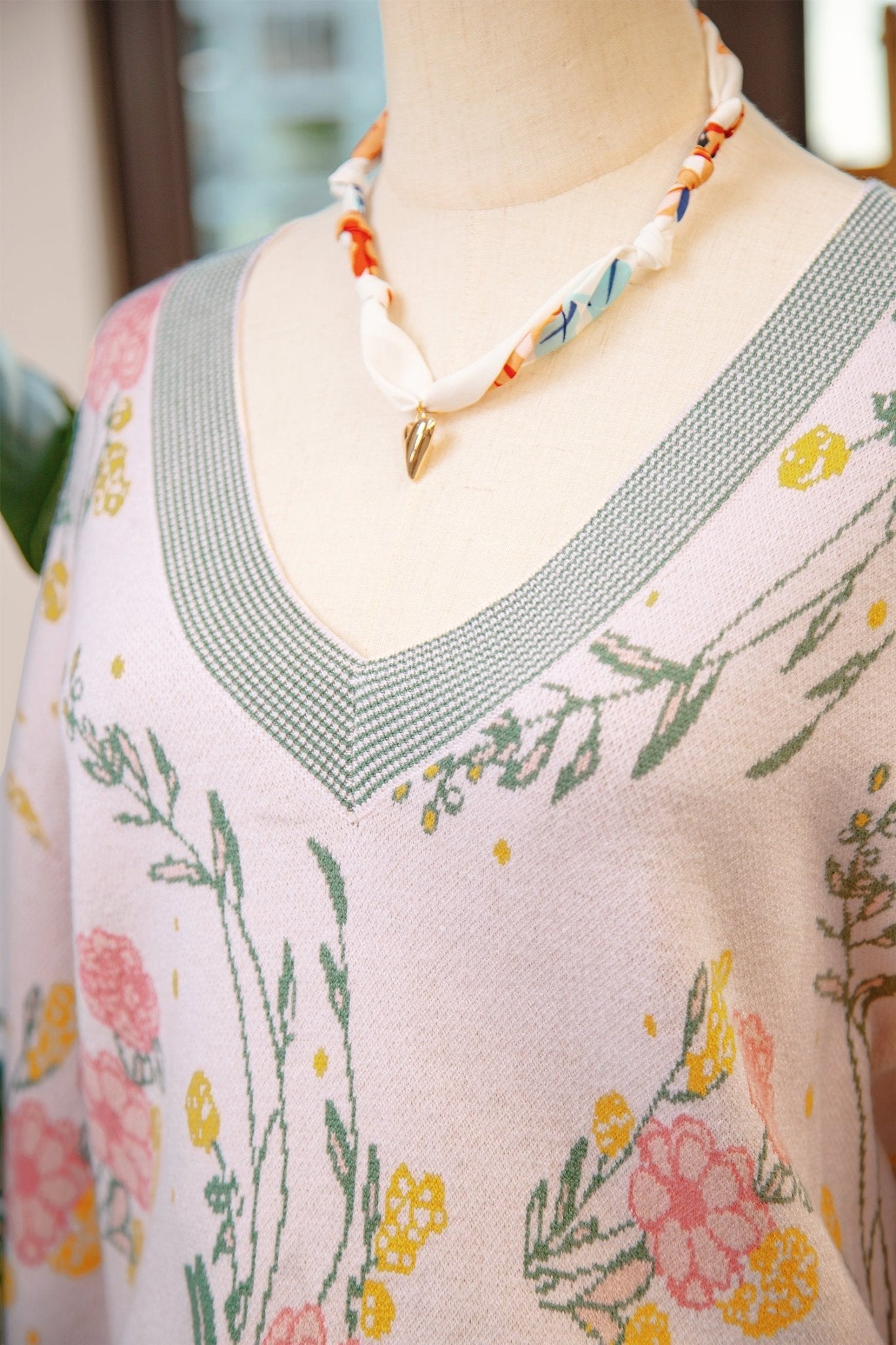 Floral Stripe Contrast V-Neck Sweater - Rooted & Reckless Co.