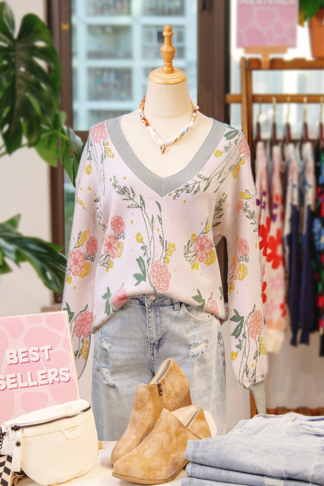 Floral Stripe Contrast V-Neck Sweater - Rooted & Reckless Co.
