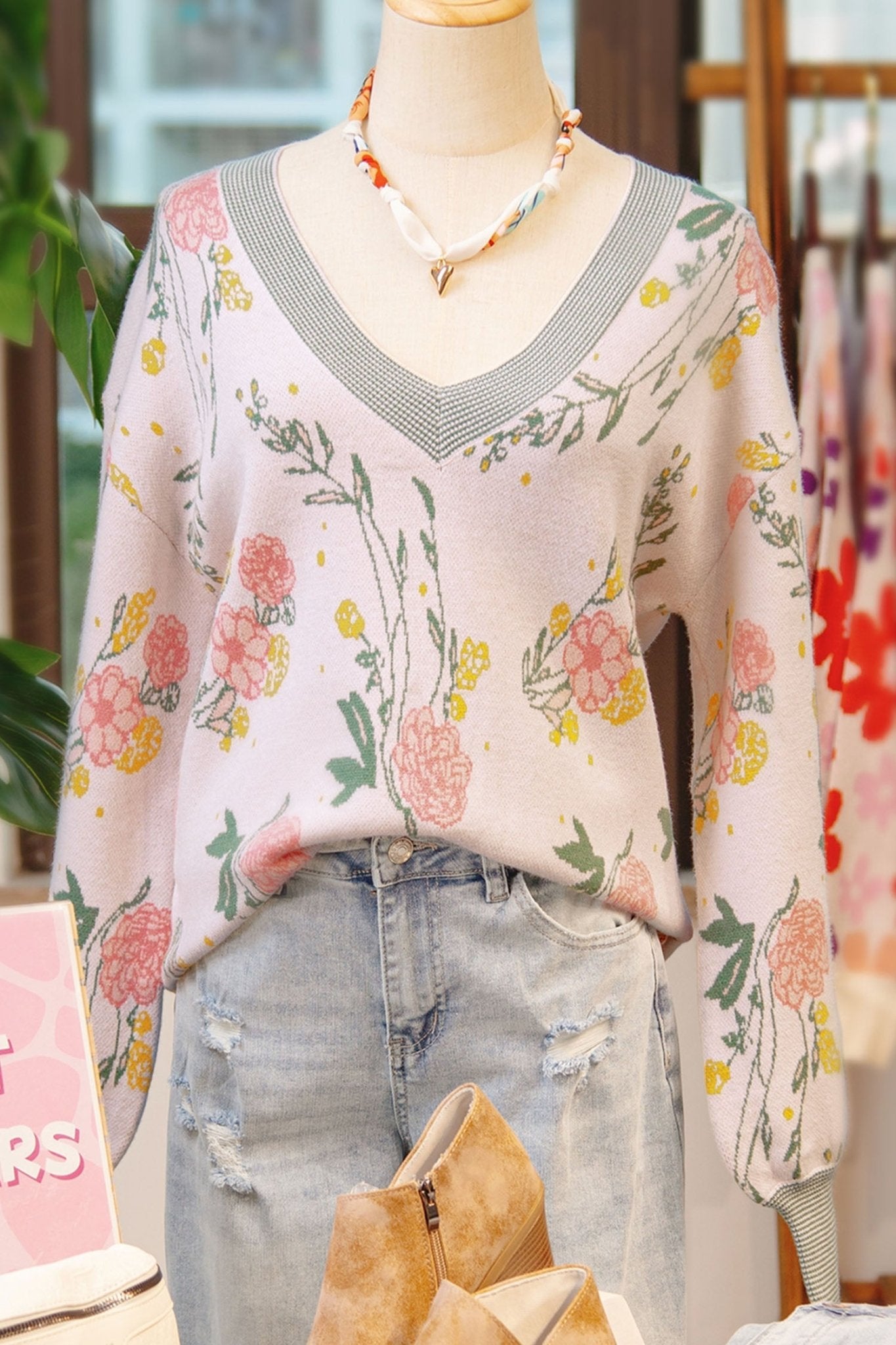 Floral Stripe Contrast V-Neck Sweater - Rooted & Reckless Co.