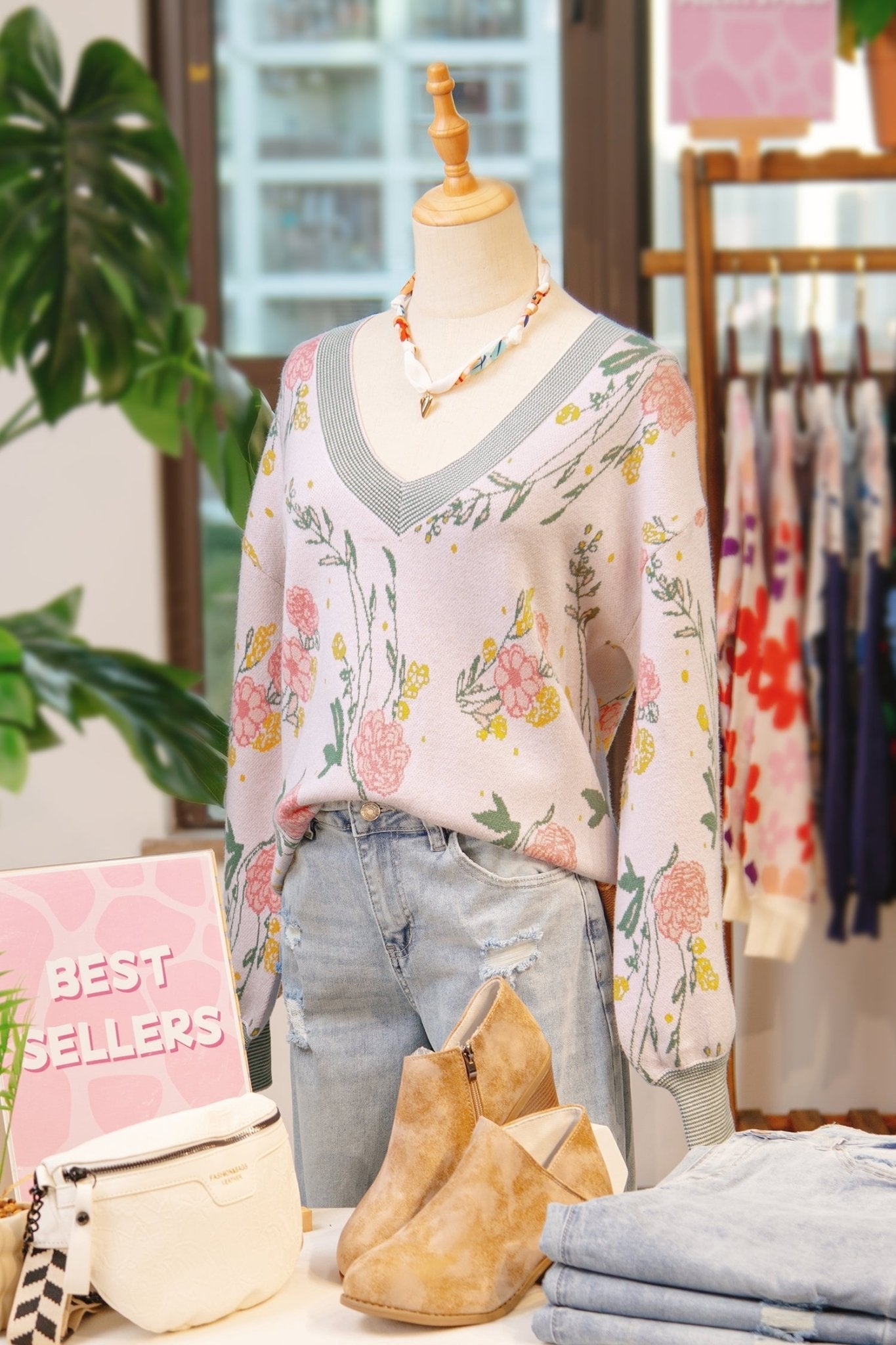 Floral Stripe Contrast V-Neck Sweater - Rooted & Reckless Co.