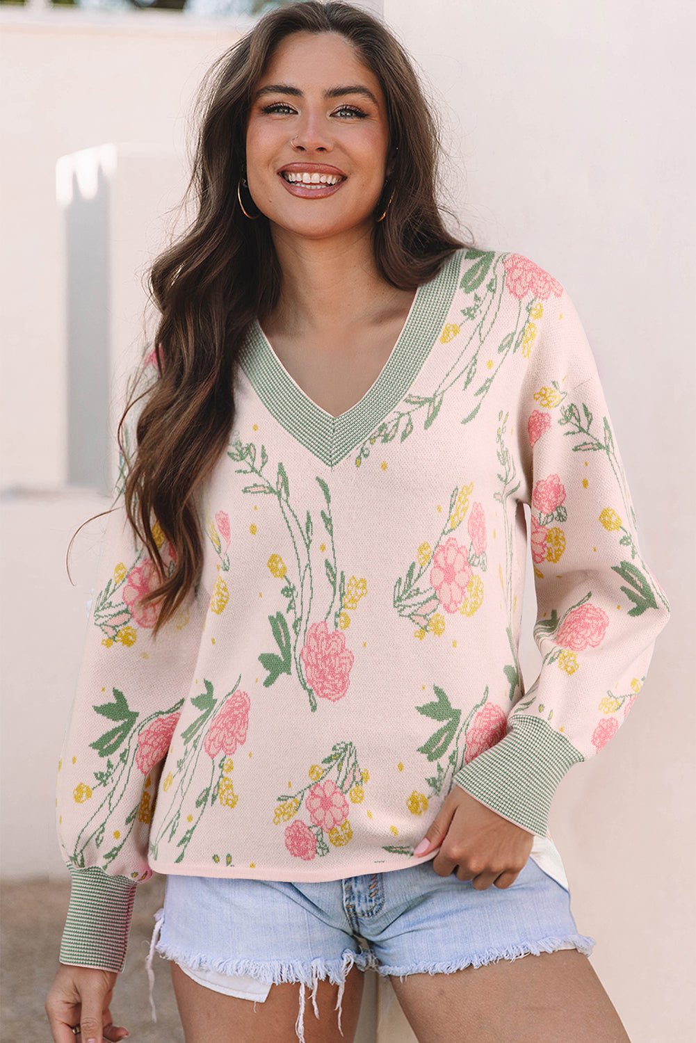 Floral Stripe Contrast V-Neck Sweater - Rooted & Reckless Co.