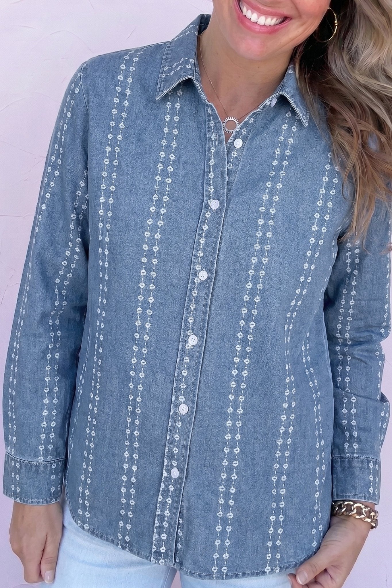 Floral Stripe Denim Buttoned Long Sleeve Shirt - Rooted & Reckless Co.