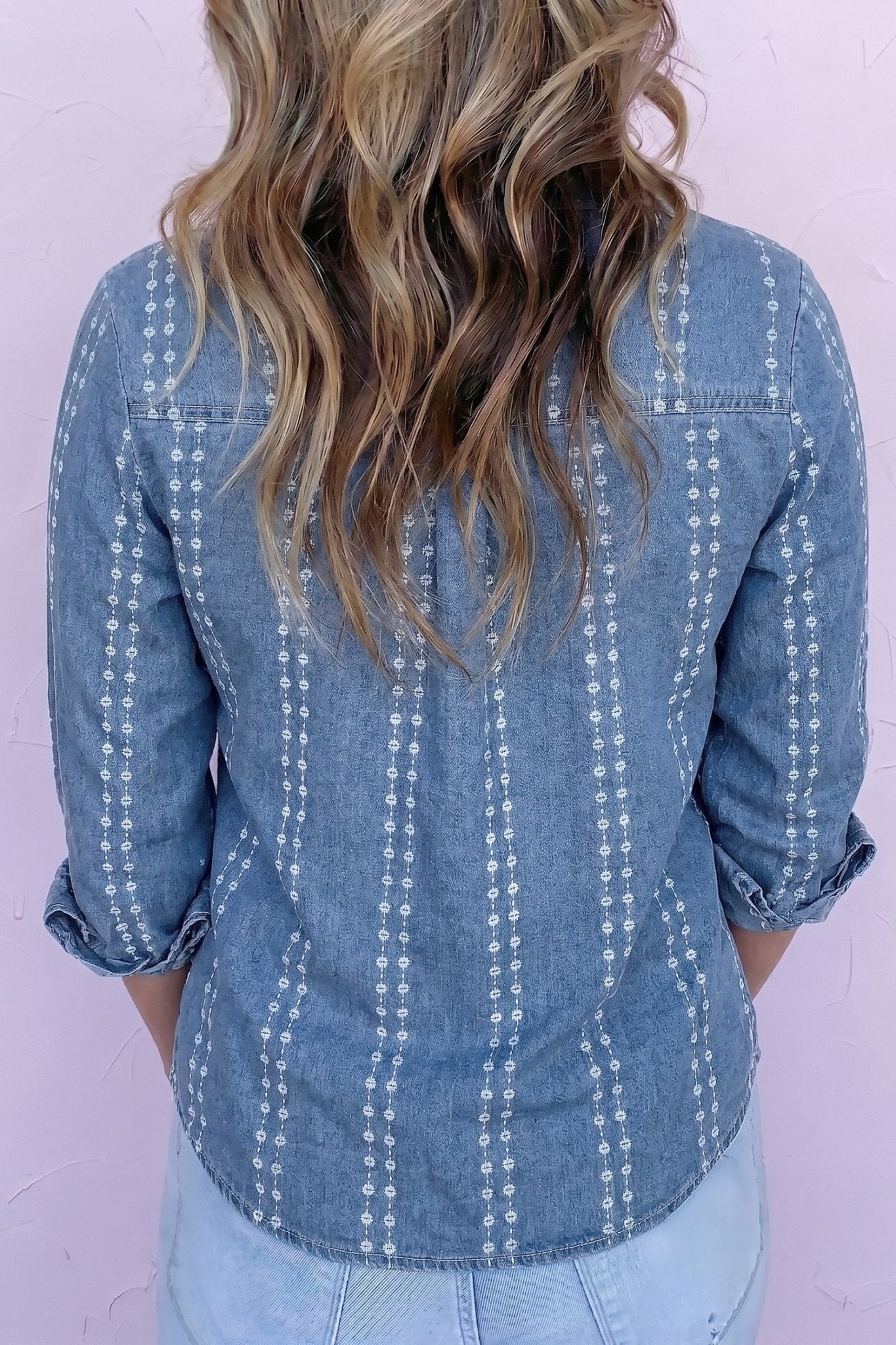 Floral Stripe Denim Buttoned Long Sleeve Shirt - Rooted & Reckless Co.