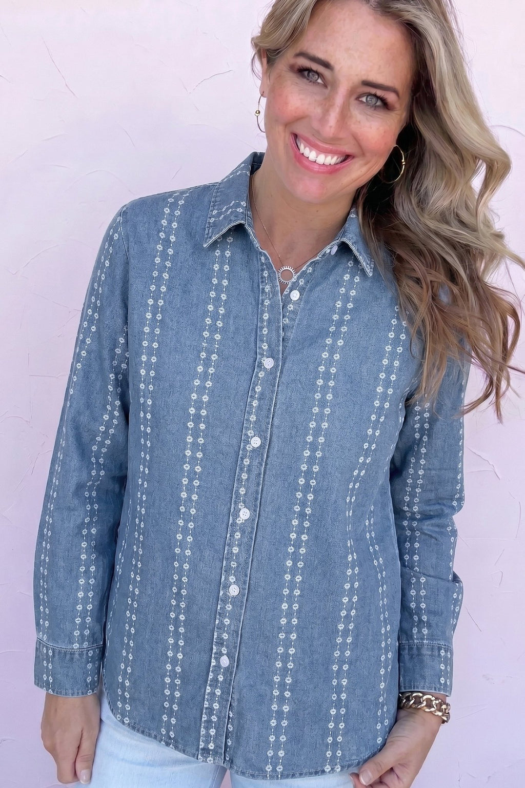 Floral Stripe Denim Buttoned Long Sleeve Shirt - Rooted & Reckless Co.