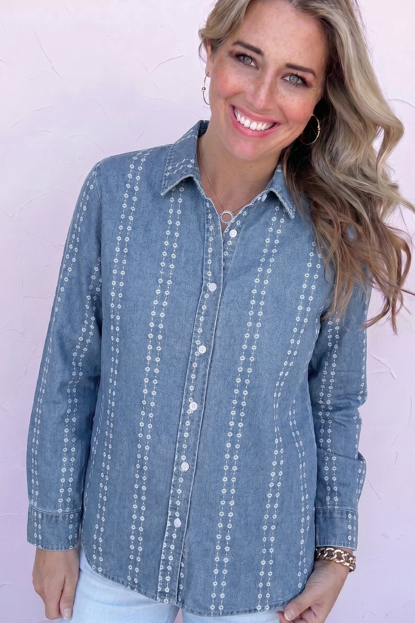 Floral Stripe Denim Buttoned Long Sleeve Shirt - Rooted & Reckless Co.