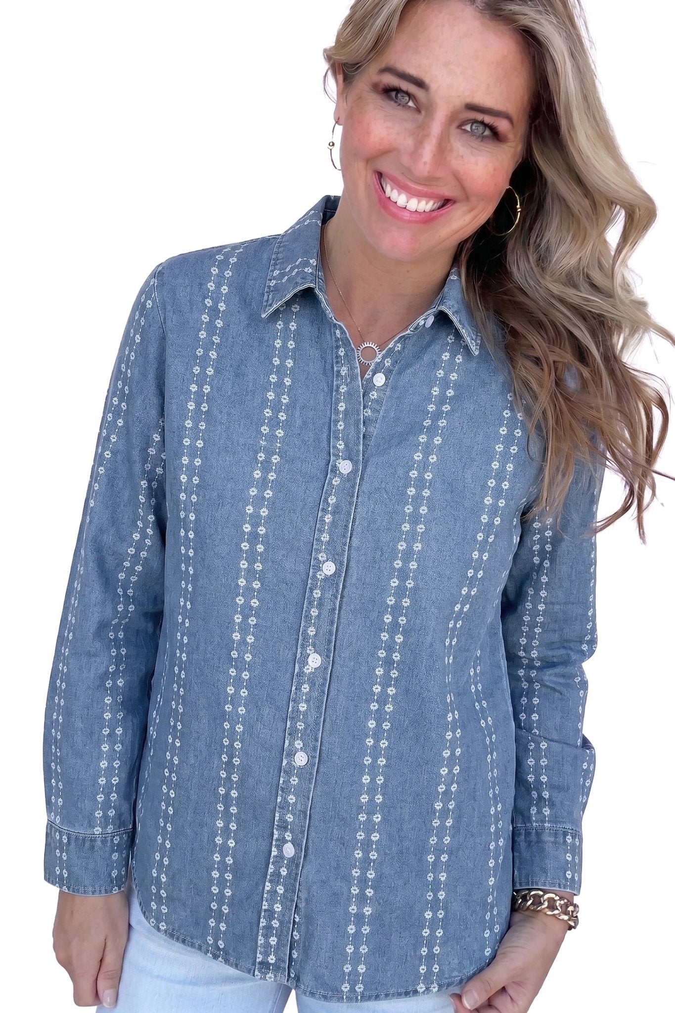 Floral Stripe Denim Buttoned Long Sleeve Shirt - Rooted & Reckless Co.