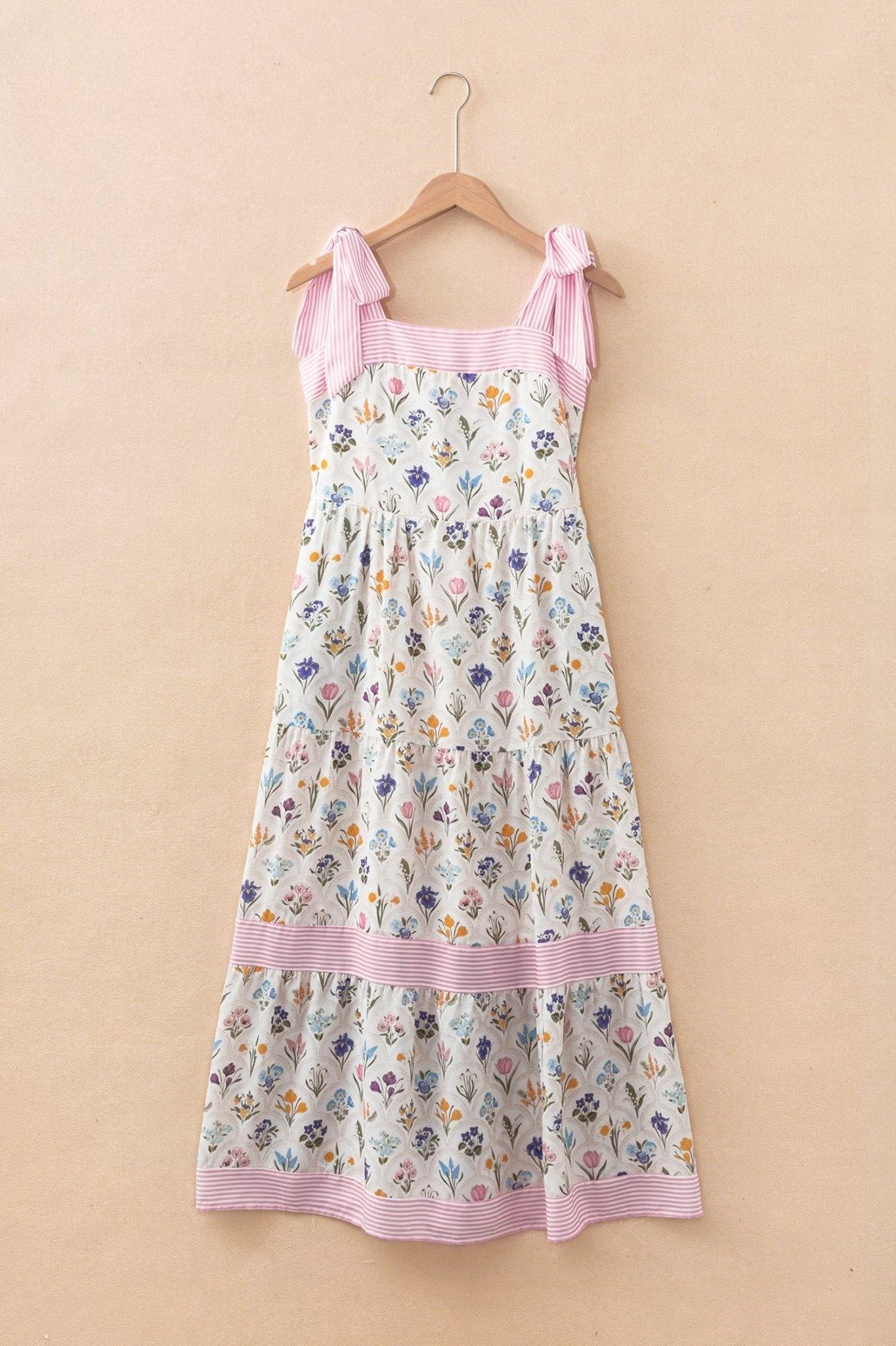 Floral Stripe Detail Knot Strap Maxi Dress - Rooted & Reckless Co.